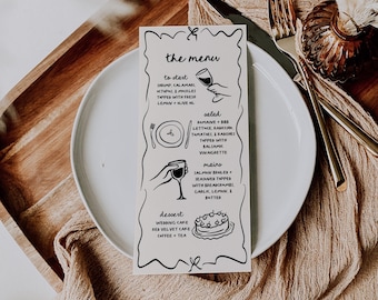 Hand Drawn Wedding Menu Template, Handwritten Menu Template, Doodle Wedding Menu, Canva Menu Template, Whimsical Illustration Menu | Carly