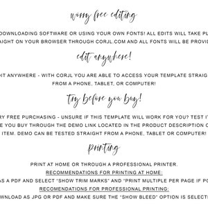 Op de afbeelding: Tekstuele instructies voor het bewerken en afdrukken van een digitaal sjabloon. De tekst luidt "worry free editing", "edit anywhere", "try before you buy", "worry free purchasing" en "printing".