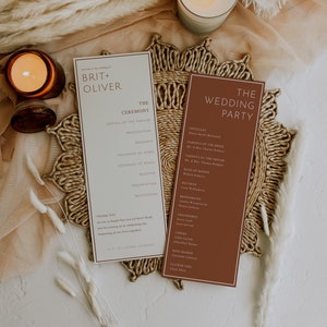 May include: Two brown cards with white text on a woven placemat. The card on the left lists the order of events for a wedding ceremony. The card on the right lists the wedding party members and their roles. The text on the cards reads "Brit + Oliver" and "The Wedding Party".