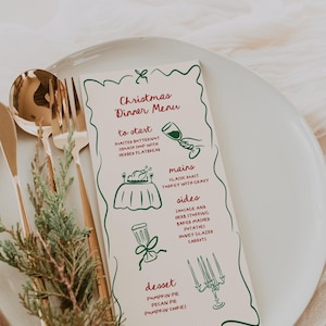 Plantilla de menú navideño dibujado a mano, menú de cena navideña vintage, plantilla de menú de cena de fiesta navideña, menú navideño imprimible / Carly