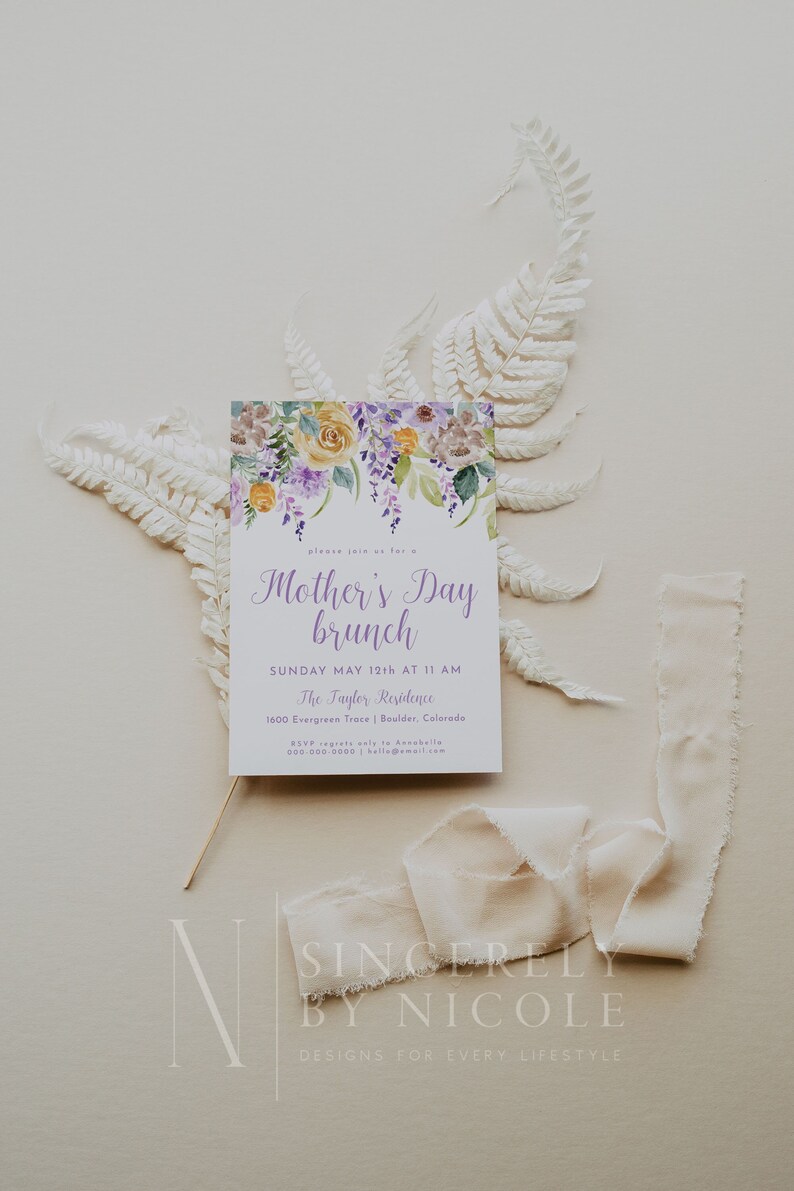 May include: A floral invitation for a Mother's Day brunch. The invitation features a watercolor illustration of purple and yellow flowers with green leaves. The text reads "Mother's Day brunch" and includes the date, time, location, and RSVP information.