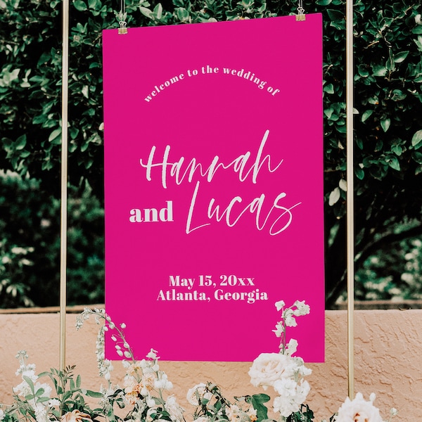 Colorful Wedding Welcome Sign Template, Pink Wedding Welcome Sign, Hot Pink Welcome Sign Template, Pink Welcome Sign Template | Fallon