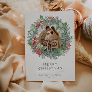 Photo Christmas Card Template Editable Printable, Holiday Card Template, DIY Winter Greenery Christmas Card, Family Photo Holiday DIY | Eira