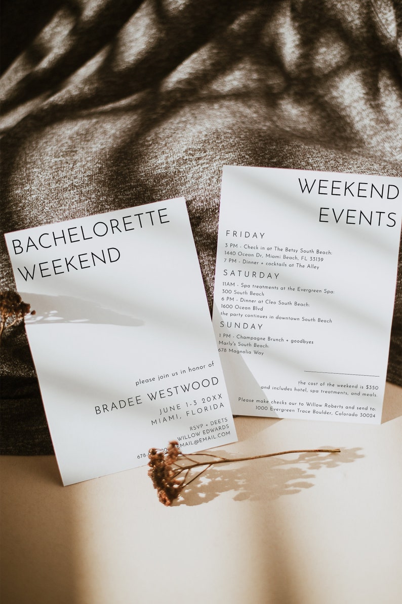 Modern bachelorette weekend invitation and schedule card displayed on a neutral background with warm-toned fabric. Clean design with event details for a Miami celebration, emphasizing simplicity and elegance.