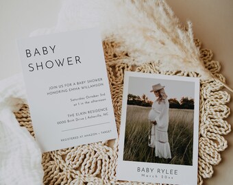 Baby Shower Invitation With Photo Baby Shower Invite, Photo Baby Shower Invite, Baby Shower Photo Invitation Template Modern DIY | Harlow