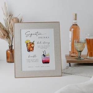 Signature drink display showcasing a Dark N' Stormy and a Bramble, complete with vibrant cocktail illustrations. Customizable design with names and event date, ideal for receptions or celebrations