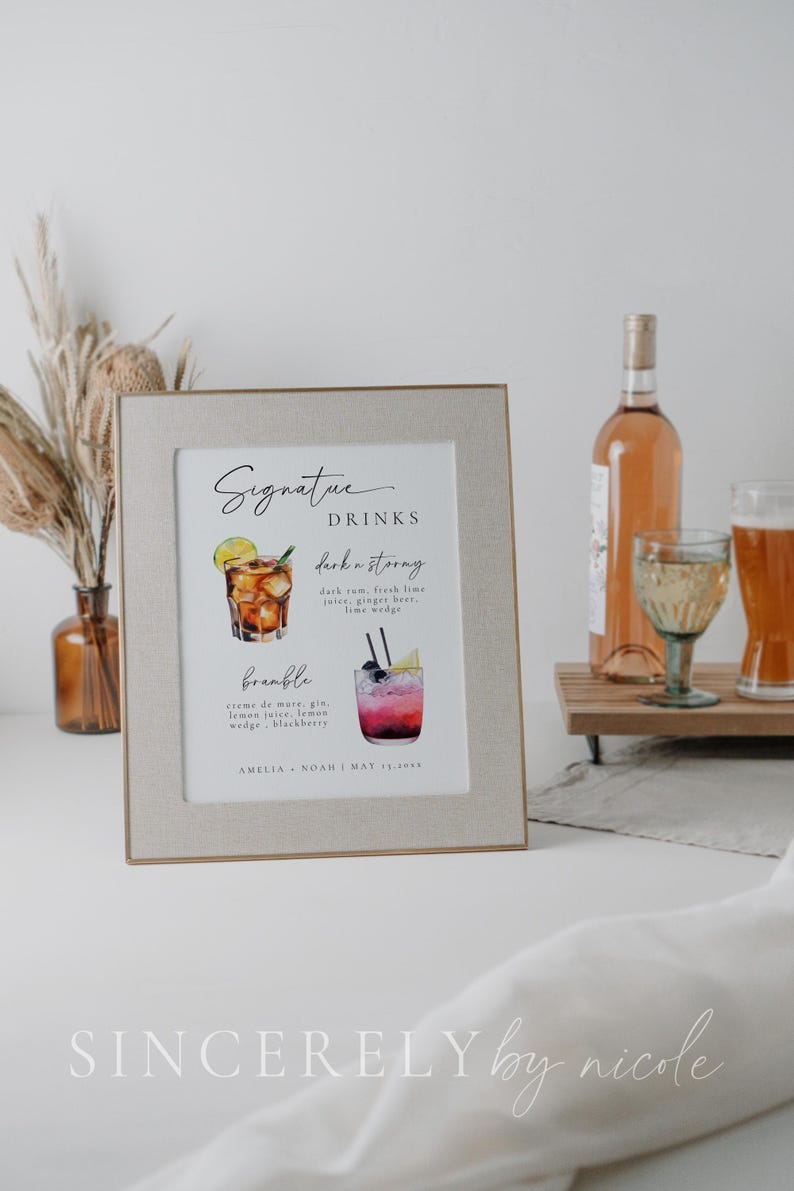 Signature drink display showcasing a Dark N' Stormy and a Bramble, complete with vibrant cocktail illustrations. Customizable design with names and event date, ideal for receptions or celebrations
