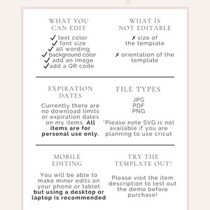 May include: A white and pink graphic with the text "SINCERELY by nicole" at the top. The graphic lists what is editable and not editable in a digital template. The graphic also lists file types, expiration dates, mobile editing, and how to try the template out.
