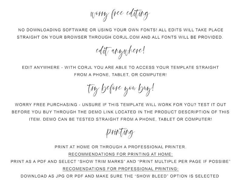 May include: White background with black text promoting easy template editing. Text includes "worry free editing", "edit anywhere", "try before you buy", and "printing" instructions. Details on printing at home or professionally are provided.