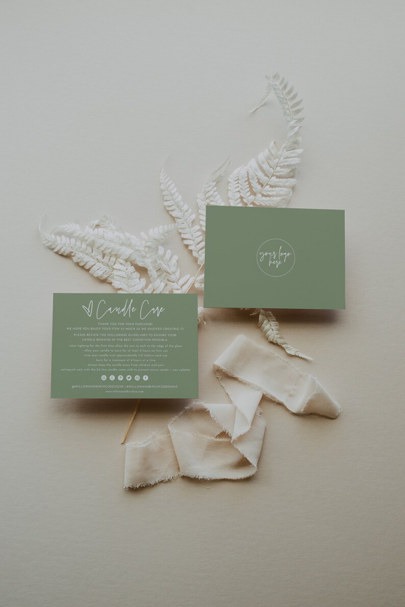 May include: A green card with the text "Candle Care" and instructions for candle care. The card also includes a logo with the text "your logo here".