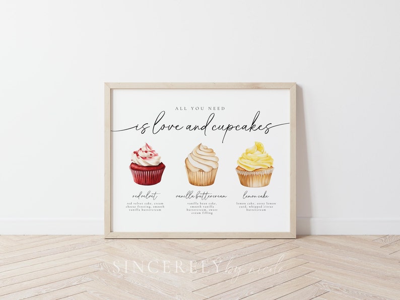 Elegant wedding cupcake bar sign with gourmet cupcake flavors: red velvet, vanilla buttercream, and lemon cake. Perfect for stylish receptions.
