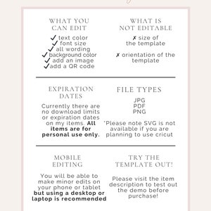 May include: A white and pink graphic with the text "SINCERELY by nicole" at the top. The graphic lists what is editable and not editable in a digital template. The graphic also lists file types, expiration dates, mobile editing, and how to try the template out. The graphic includes the website and social media handles for the creator.