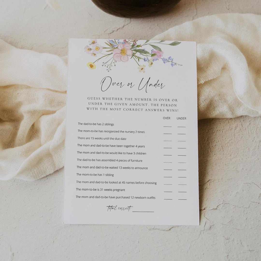 Over or Under Baby Shower Game, Wildflower Baby Shower, Over or Under ...