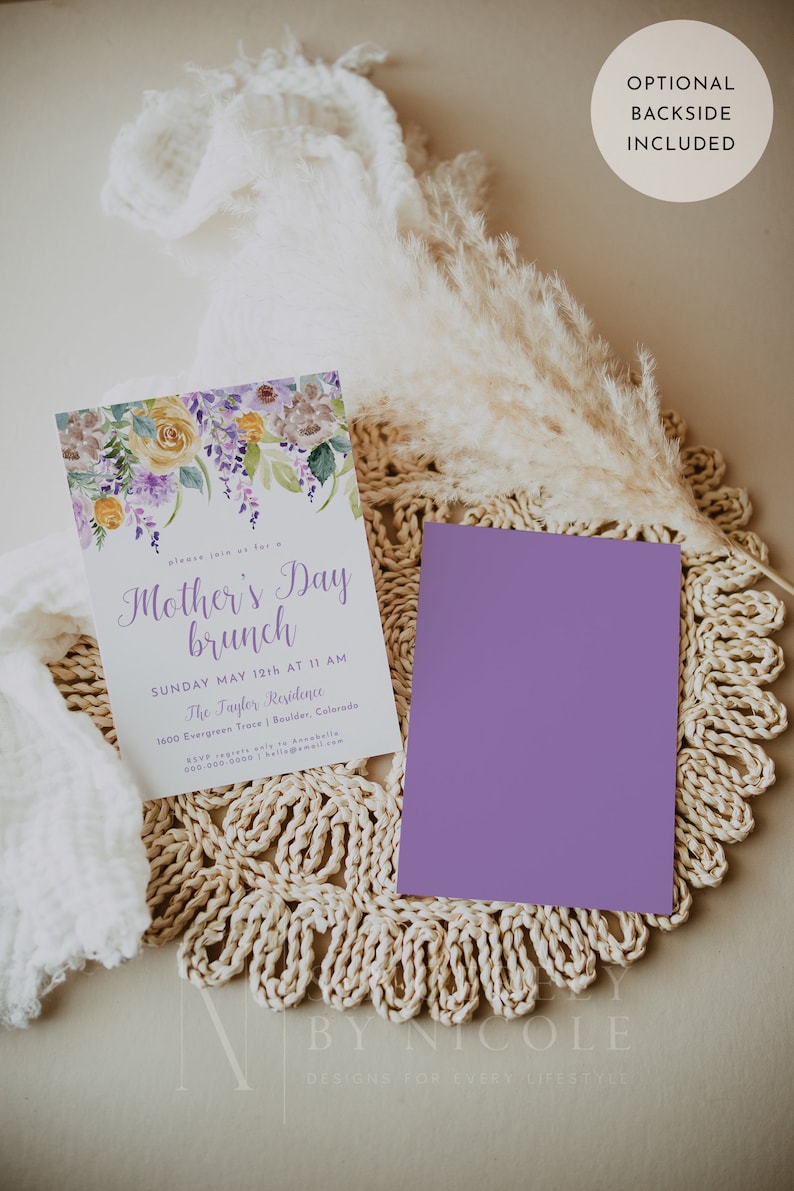 May include: A purple and white invitation card with a watercolor floral design. The text on the card reads "Please join us for a Mother's Day brunch, Sunday May 12th at 11 AM, The Tayler Residence, 1600 Evergreen Trace | Boulder, Colorado, RSVP regrets only to Avabella, 000-000-0000 | hello@email.com".