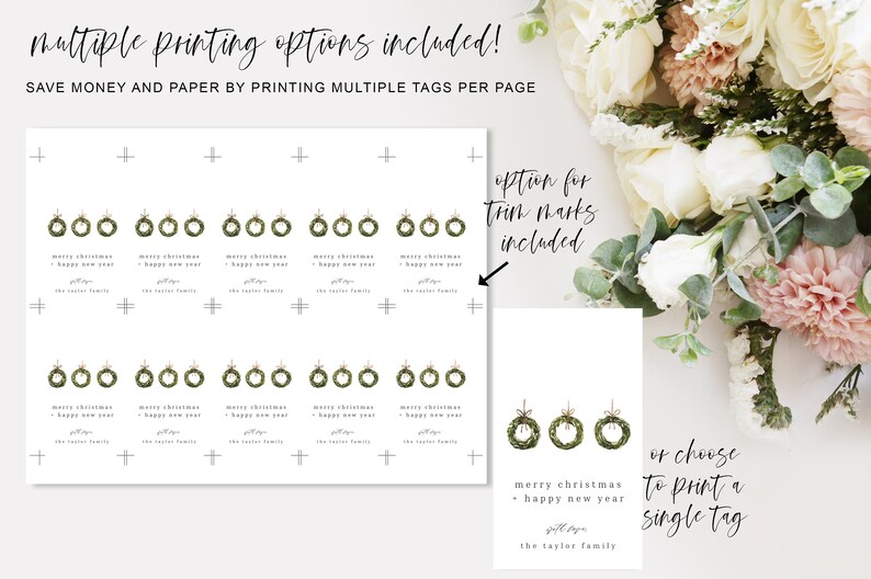 May include: White printable Christmas gift tags with green wreath illustrations and the text "merry christmas + happy new year". The design includes multiple printing options and trim marks.