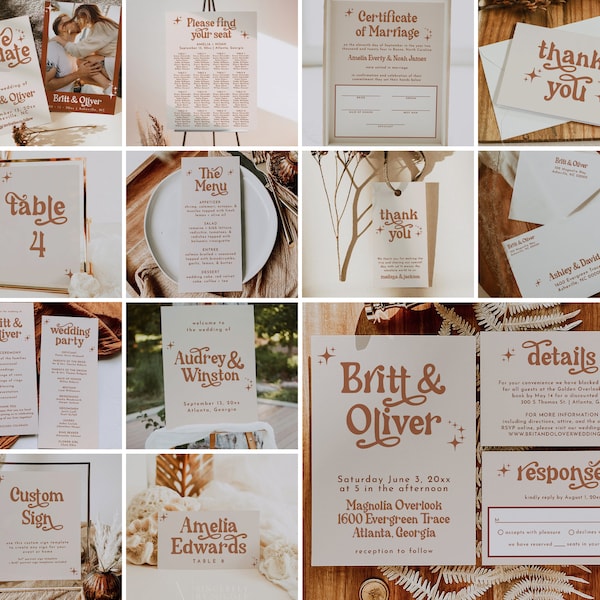 Retro Wedding Bundle, Wedding Template Bundle Editable Printable, Wedding Bundle Invitation, Wedding Bundle Template Download, DIY | Birdie