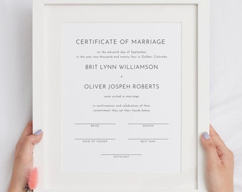 Modern Minimal Certificate Of Marriage Template, Wedding Keepsake Certificate Of Marriage, Marriage Certificate Editable Printable | Harlow