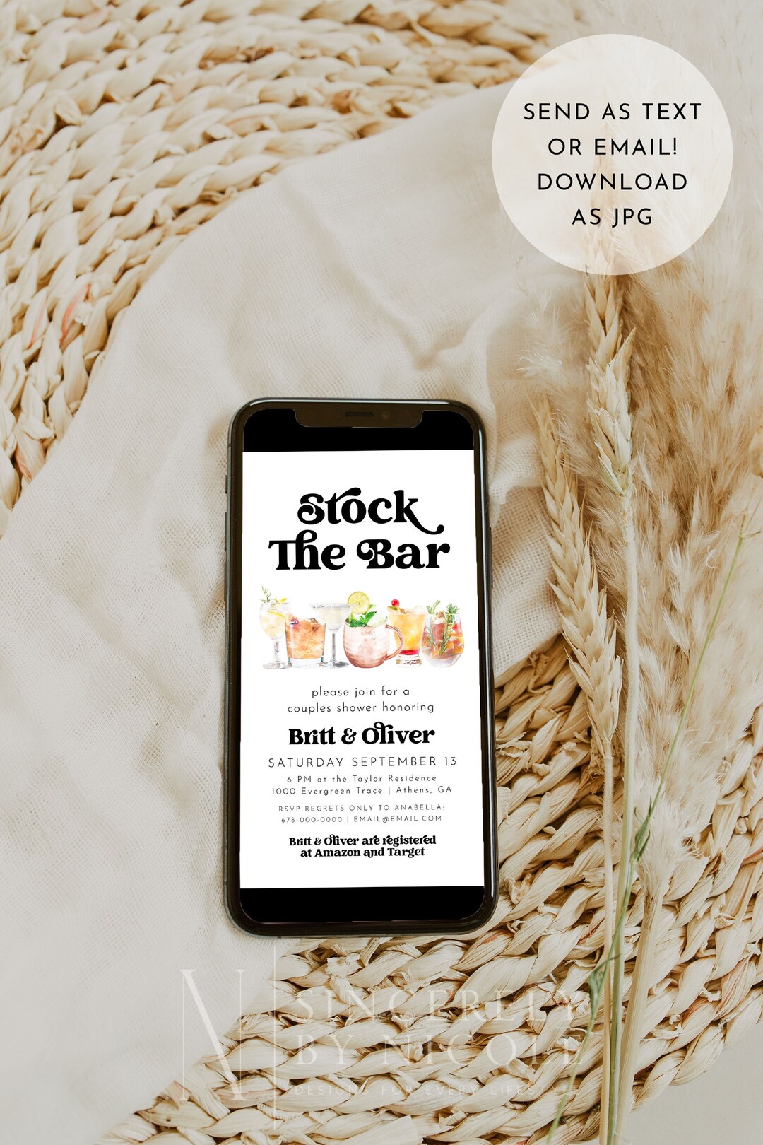 Couples Shower Text Invite, Stock the Bar Text Message Invitation ...
