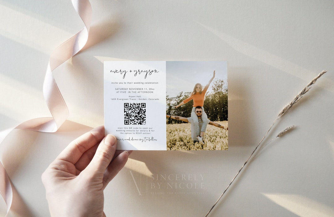 Modern Wedding Invitation, QR Code Wedding Invite Template, Minimalist ...