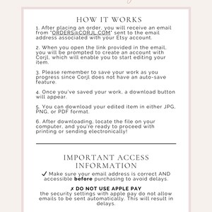 May include: A white and pink graphic with instructions on how to use a digital design platform. The text includes the phrase "SINCERELY by nicole" and the email address "ORDERS@CORJL.COM".