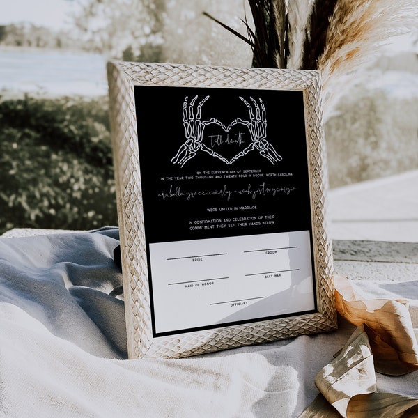 Gothic Wedding Certificate Of Marriage, Skeleton Wedding Marriage Certificate, Moody Wedding, Halloween, Edgy Wedding Keepsake | Cordelia