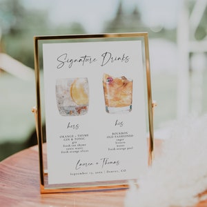 Signature Drinks Sign Template, Signature Cocktail Sign, Minimalist Wedding Bar Menu Sign, His Hers Bar Sign, Signature Cocktail  | Alice