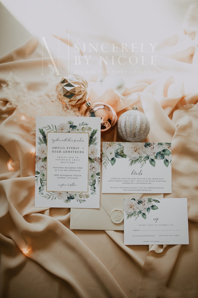 Winter Floral Wedding Invitation Suite, Editable Printable Holiday Wedding Template, Christmas Wedding Invite, Holiday Wedding Suite Belle image 1