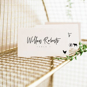 Modern Place Card Template, Place Card With Meal Choice, Editable Place Cards, Modern Wedding Place Cards, Wedding Place Card Icons | Sofia