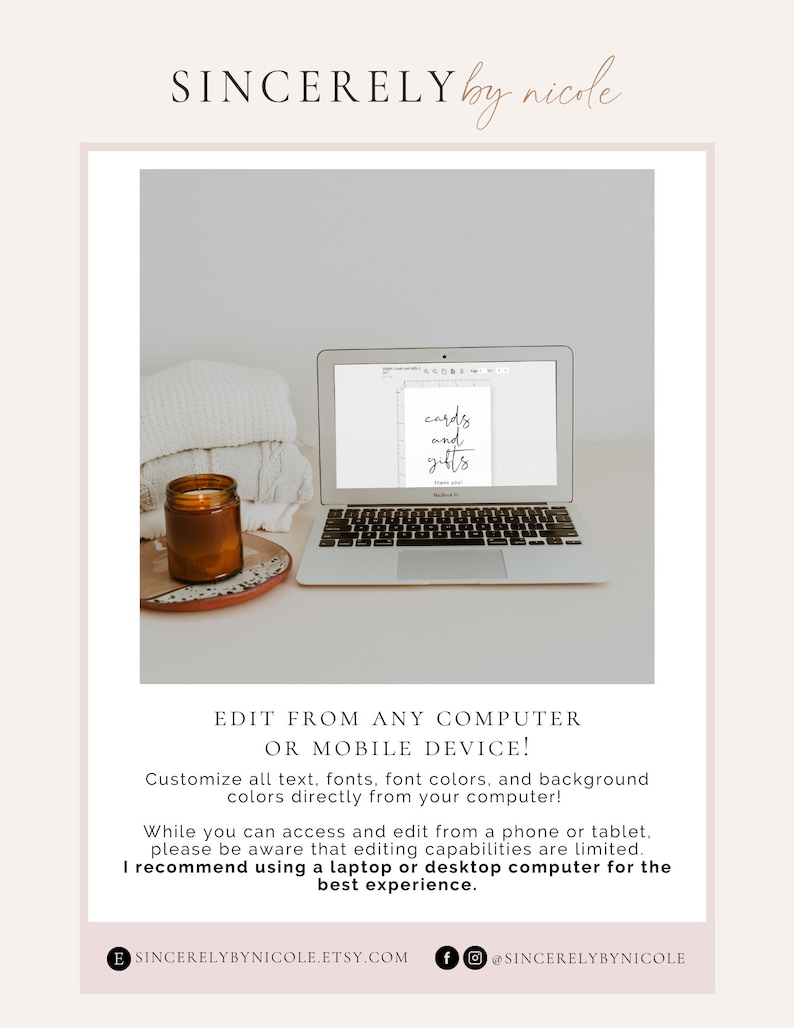 May include: A laptop computer screen displaying a digital design for a sign that reads "cards and gifts". The laptop is on a white surface with a brown candle and a white blanket.