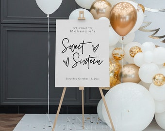 Modern Calligraphy Birthday Welcome Sign Template, Sweet Sixteen Welcome Sign Template, Minimalist Party Welcome Sign Editable | Sofia