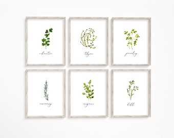 Herb Printable Set of 6, Watercolor Herb Set Wall Signs, Instant Digital Download, Kitchen Herbs Print, Printable Instant Download Kitchen