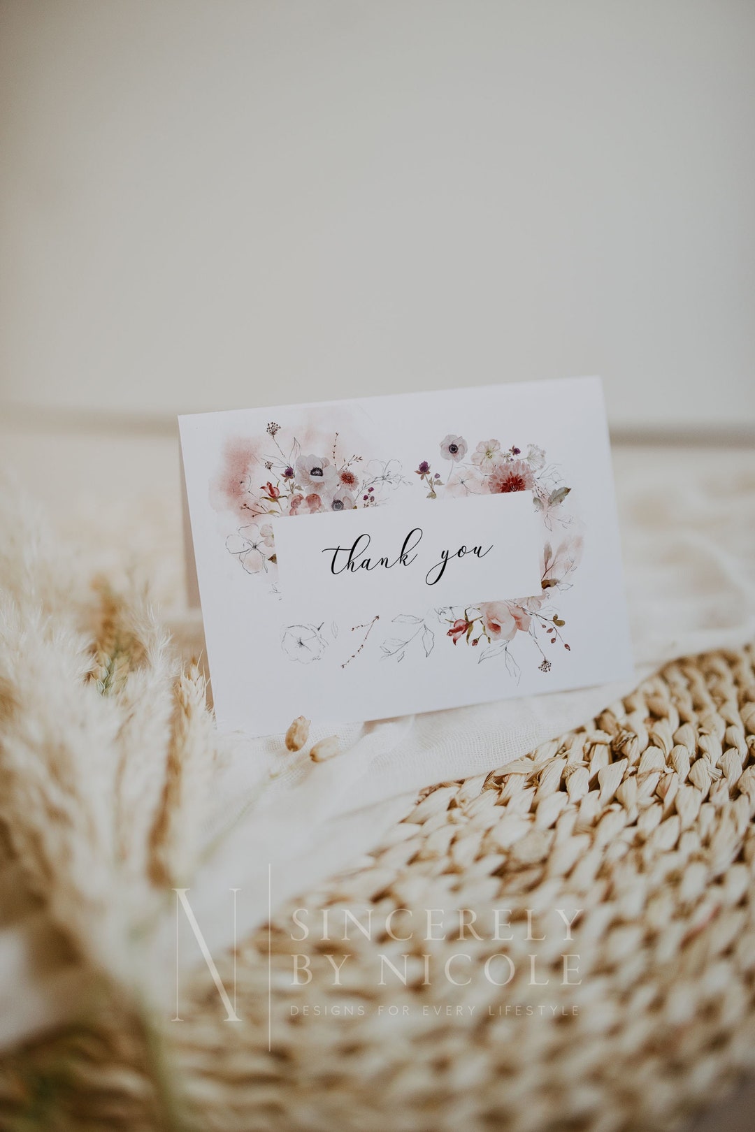 Blush Floral Wildflower Thank You Card Template, Editable Printable ...