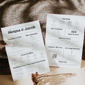 Könnte beinhalten: Eine Hochzeitseinladung im Schwarz-Weiß-Design. Die Einladung enthält die Namen Sienna und Jacob, das Datum 13. Oktober 20xx und den Ort Atlanta, GA. Die Einladung enthält auch einen Zeitplan für die Hochzeit, eine Liste der Hochzeitsgesellschaft und einen Abschnitt für wichtige Personen.