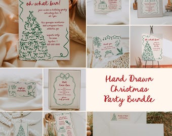 May include: A set of printable Christmas party invitations and decorations featuring hand-drawn illustrations of Christmas trees, bows, and other festive elements. The text on the invitations reads "oh what fun!" and "join us for a holiday party".