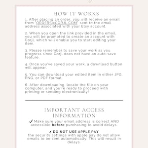 K&ouml;nnte beinhalten: Eine wei&szlig;e und rosafarbene Grafik mit Anweisungen zum Bearbeiten eines digitalen Ausdrucks. Der Text lautet "SINCERELY by nicole" und "HOW IT WORKS". Die Grafik enth&auml;lt auch wichtige Zugangsdaten und einen Hinweis zur Nichtverwendung von Apple Pay.