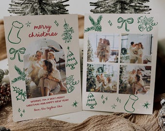 May include: A Christmas card with a family photo and the text "merry christmas" in red. The card is decorated with green and red illustrations of Christmas trees, holly, bells, and a stocking.
