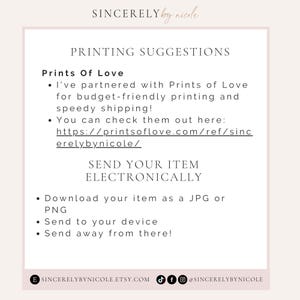 Printing and sharing tips for digital templates. Features a recommended printing partner and options for downloading designs in JPG or PNG. Great for creating professional-quality wedding invitations, cards, or event signage.