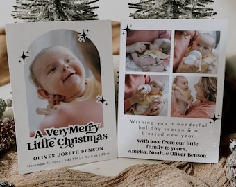 May include: A Christmas card with a photo of a baby boy and the text "A Very Merry Little Christmas" with the baby's name, birth date, and weight. The card also includes a message wishing the recipient a happy holiday season and a blessed new year from the baby's family.