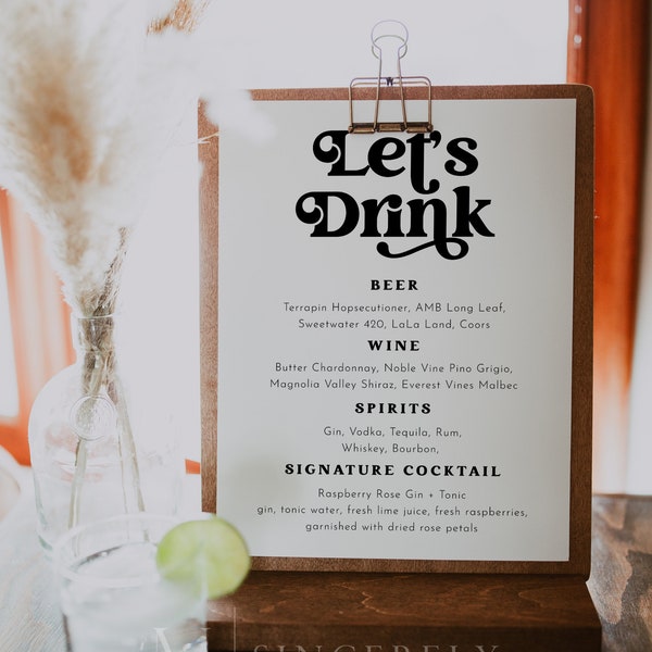 Disco Bar Menu Template, Editable Printable Let's Drink Bar Sign, 70's Bar Sign Template Signature Drinks, Retro Wedding Menu Bar Charli