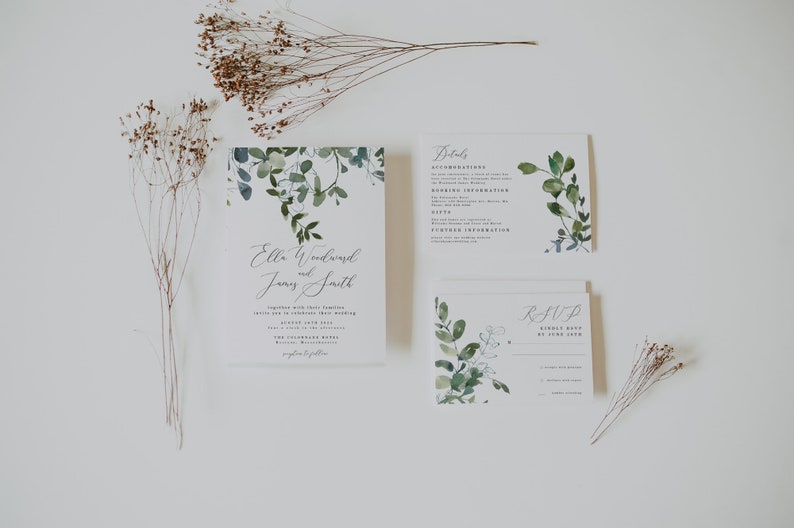 Greenery Wedding Invitation Template, Wedding Suite Greenery, Greenery Invitation Set, Editable Wedding Greenery Invitation, Invites Ella image 4