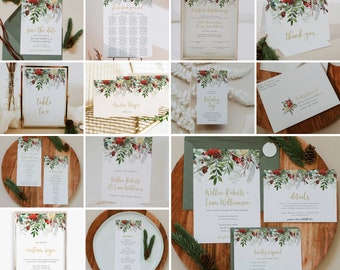 May include: A set of printable wedding stationery featuring a winter floral design with red berries and green foliage. The set includes a save the date card, table number card, invitation, details card, RSVP card, and thank you card. The text on the cards is in gold lettering.