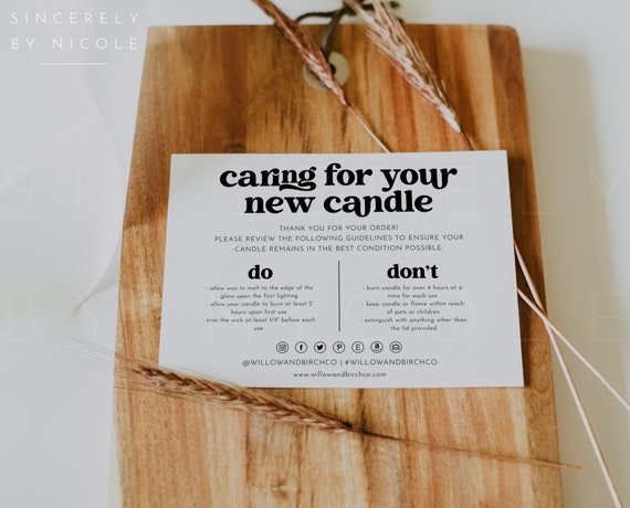 Candle Care Card Template with Icons, Candle Instructions, Small Business Care Card Template, Editable Thank You Card, Package Insert | Ashe