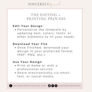 Step-by-step guide for editing digital templates. Personalize designs with text, fonts, or colors, download in PDF or PNG format, and share digitally or print. Ideal for customizing wedding invitations, signage, or event stationery.