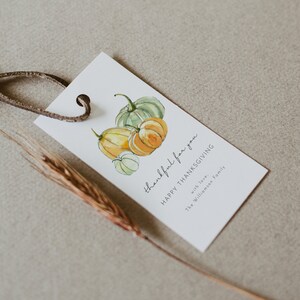 May include: A white gift tag with a watercolor illustration of pumpkins. The text on the tag reads "thankful for you HAPPY THANKSGIVING with love, the Williamson Family".