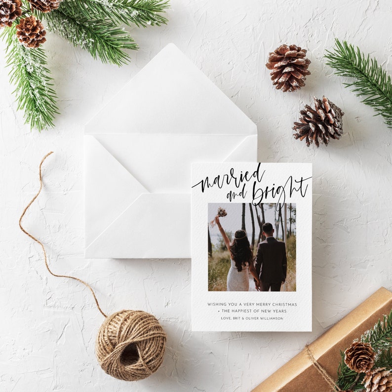 Married And Bright Christmas Card Template, Photo Christmas Card Template, Newlywed Christmas Card, Just Married Holiday Card Harper image 3