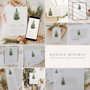 Op de afbeelding: Een set met printbare kerstfeestuitnodigingen, bedankkaartjes en ander briefpapier met een modern minimalistisch ontwerp, een aquarel-illustratie van een groenblijvende boom en gouden tekst. De tekst bevat "Christmas Party", "Thank You" en "Merry Christmas".