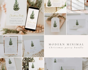 May include: A set of printable Christmas party invitations, thank you cards, and other stationery featuring a modern minimalist design with a watercolor evergreen tree illustration and gold text. The text includes "Christmas Party", "Thank You", and "Merry Christmas".