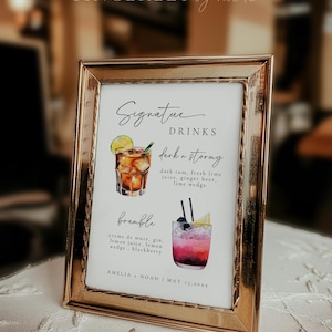 Personalized signature drink menu featuring hand-drawn cocktail illustrations of a Dark N' Stormy and Bramble. Designed for weddings or parties, offering a visually appealing and functional touch.