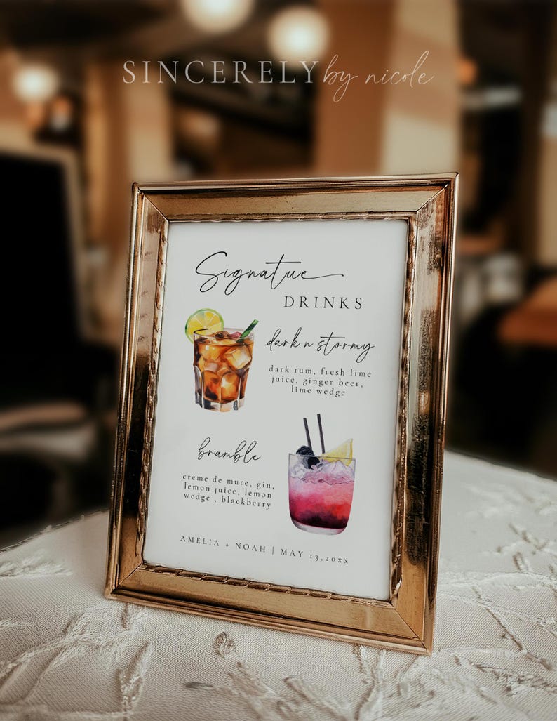 Personalized signature drink menu featuring hand-drawn cocktail illustrations of a Dark N' Stormy and Bramble. Designed for weddings or parties, offering a visually appealing and functional touch.