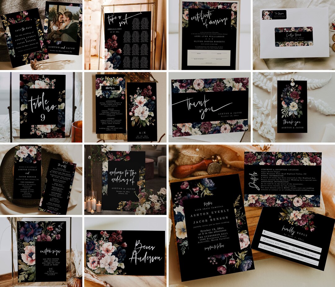 Moody Floral Wedding Invitation Template Bundle, Gothic Floral Wedding ...